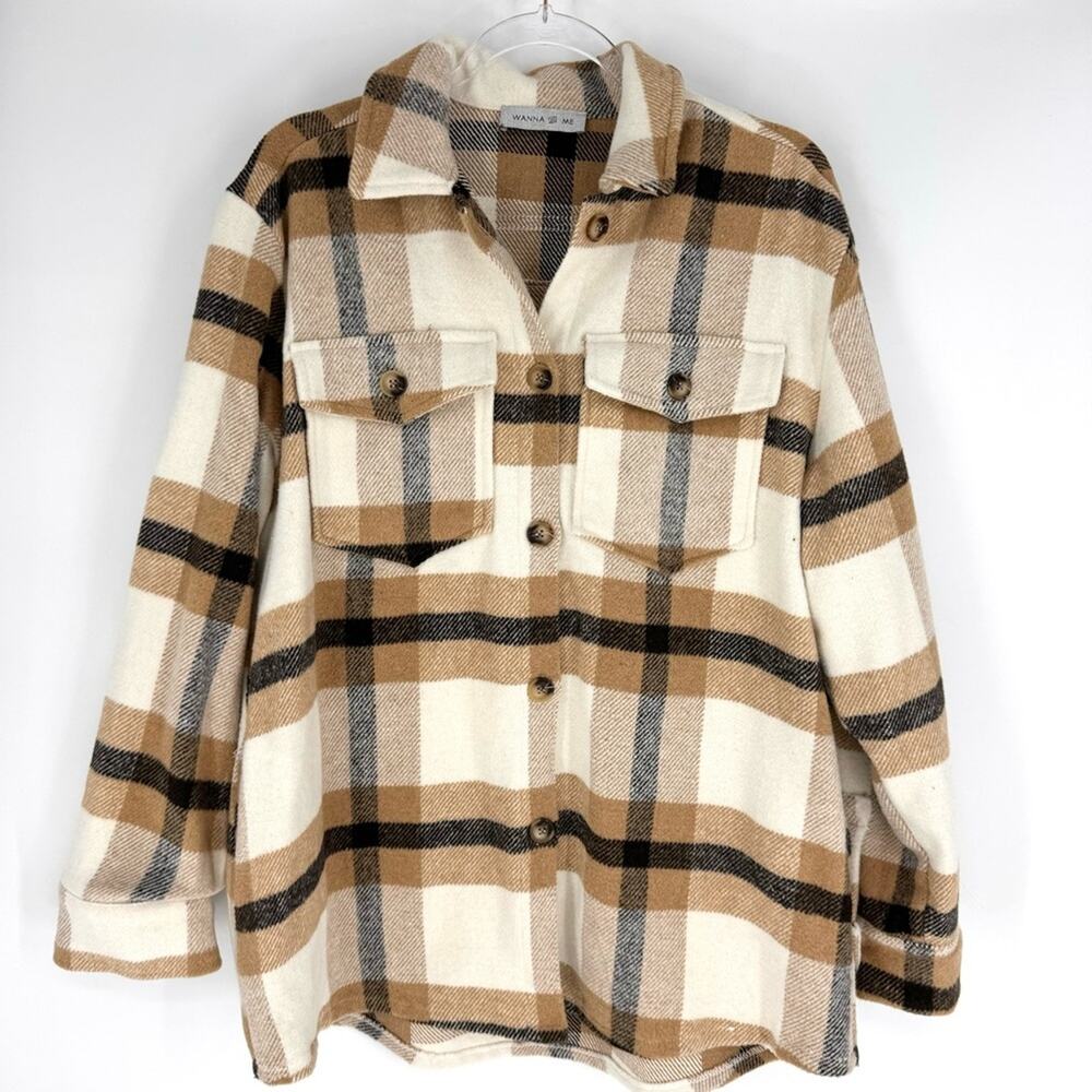 Wanna B Me Plaid Shacket Brown Cream Tan Button‎ Front Size L